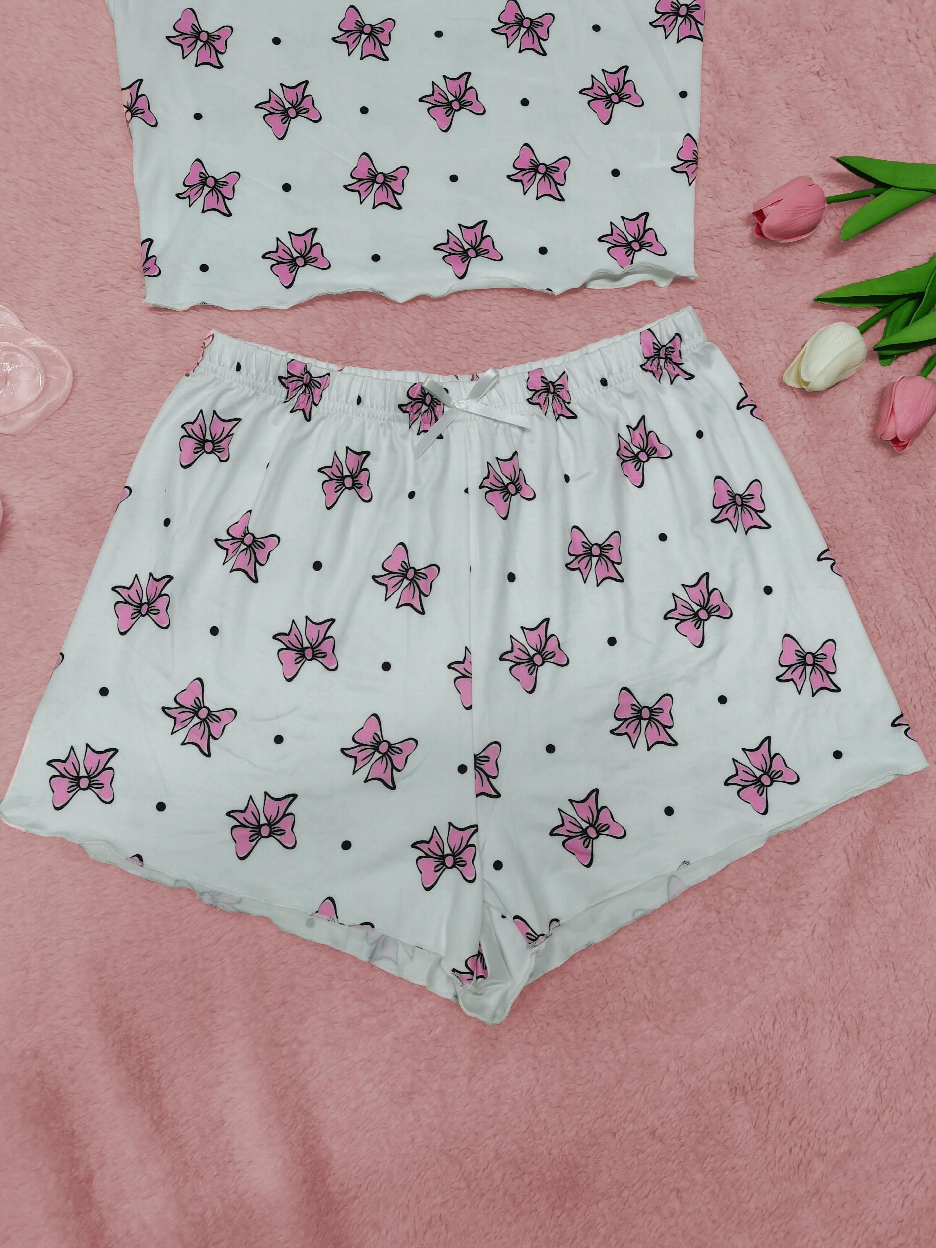 Bow Print Pajama Set Crew Neck Cami Top & Shorts Sleepwear Loungewear