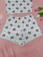 Bow Print Pajama Set Crew Neck Cami Top & Shorts Sleepwear Loungewear