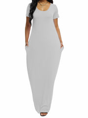  Solid V Neck A Line Short Sleeve Maxi T shirt Dress