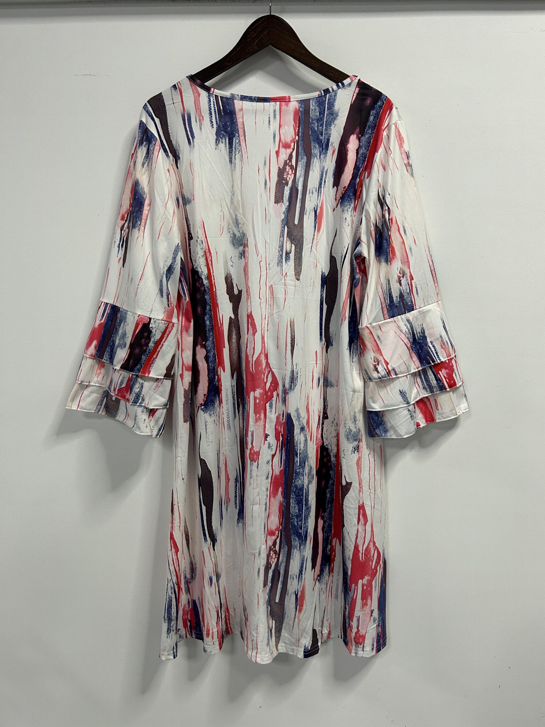  Tie Dye Layered Three Quarter Sleeve V Neck Dress