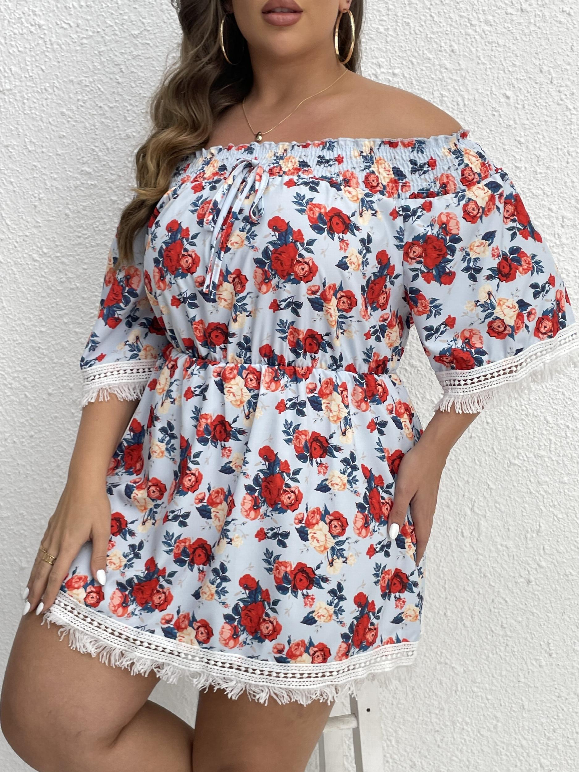  Vacay Blouse Women's Plus Shirred Rose Print Off Shoulder Tie Blouse