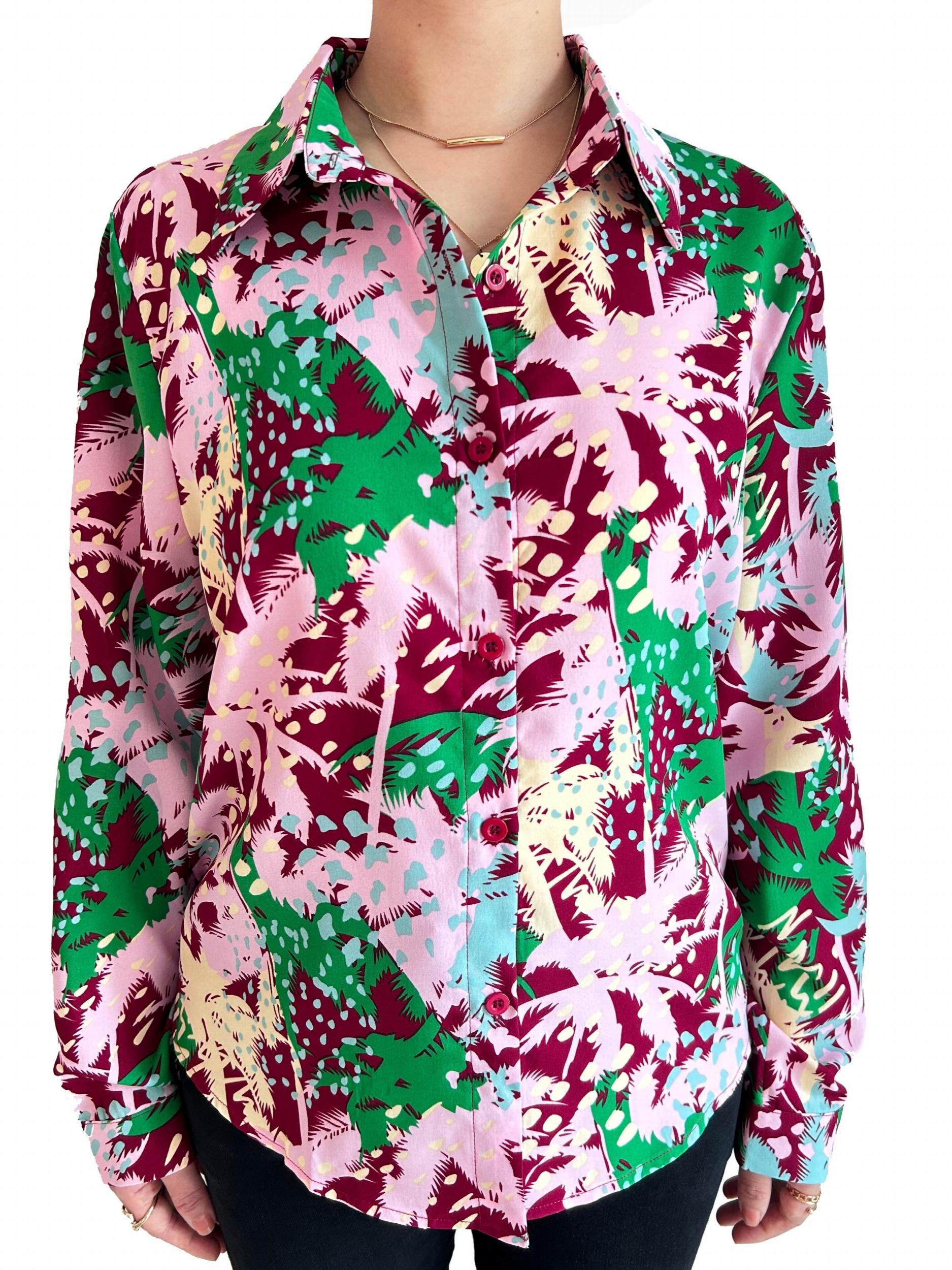  Tree Print Long Sleeve Collar Blouse