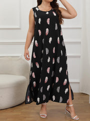 Feather Print Round Neck Split Maxi Dress