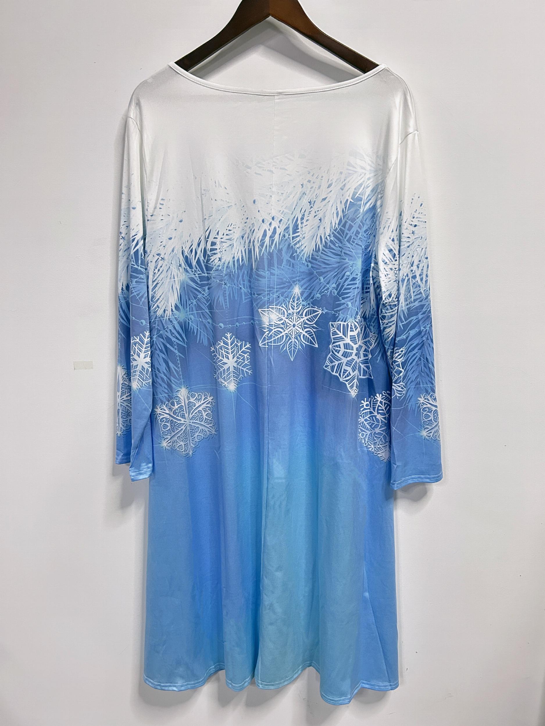  Snowflake Print Long Sleeve V Neck Loose Fit Dress