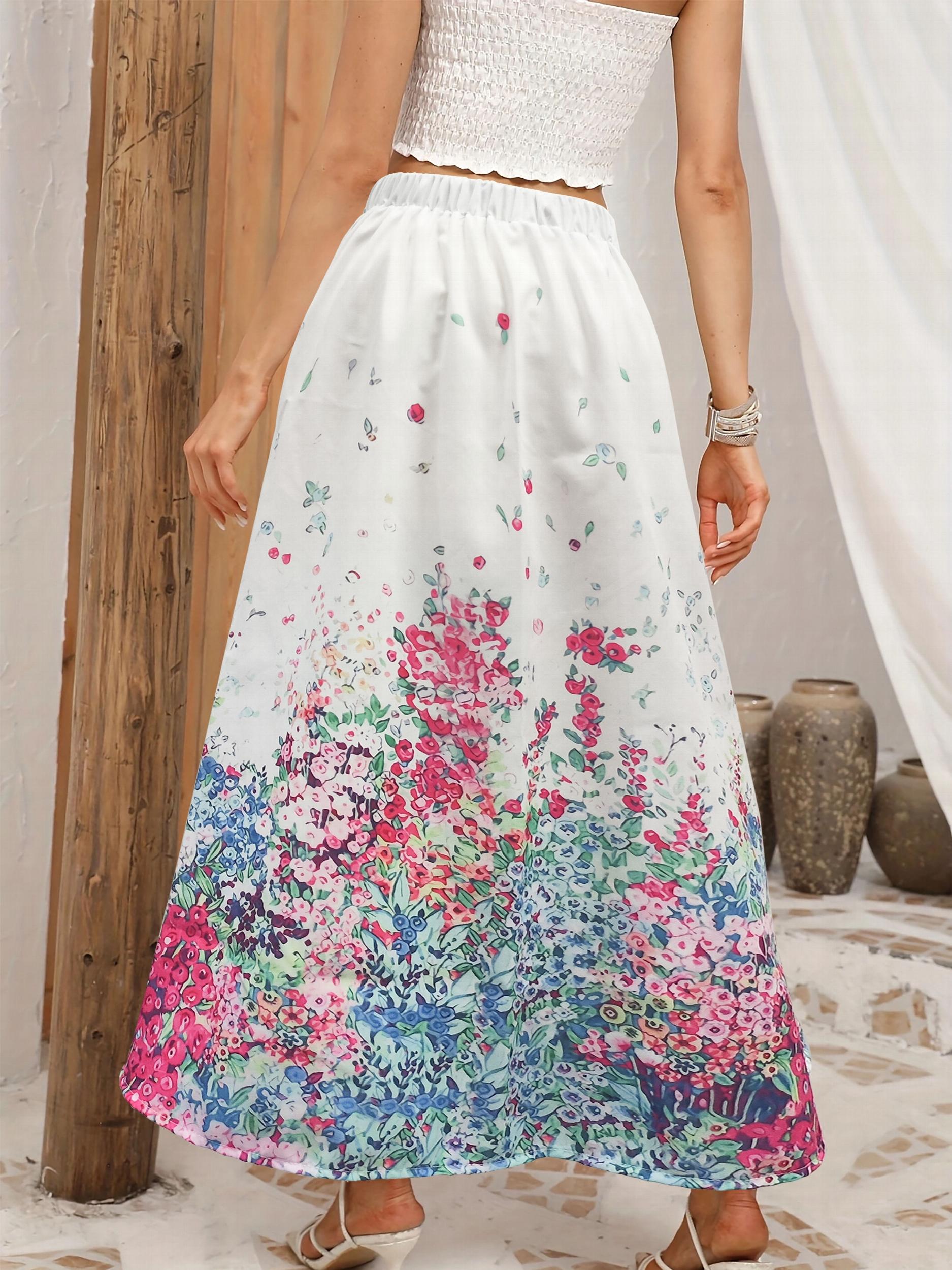 Women's Plus Floral Print Elastic High Rise A line Maxi Skirt