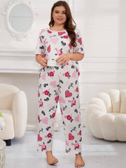  Floral & Heart Print Short Sleeve Tee & Pants Home Wear Set