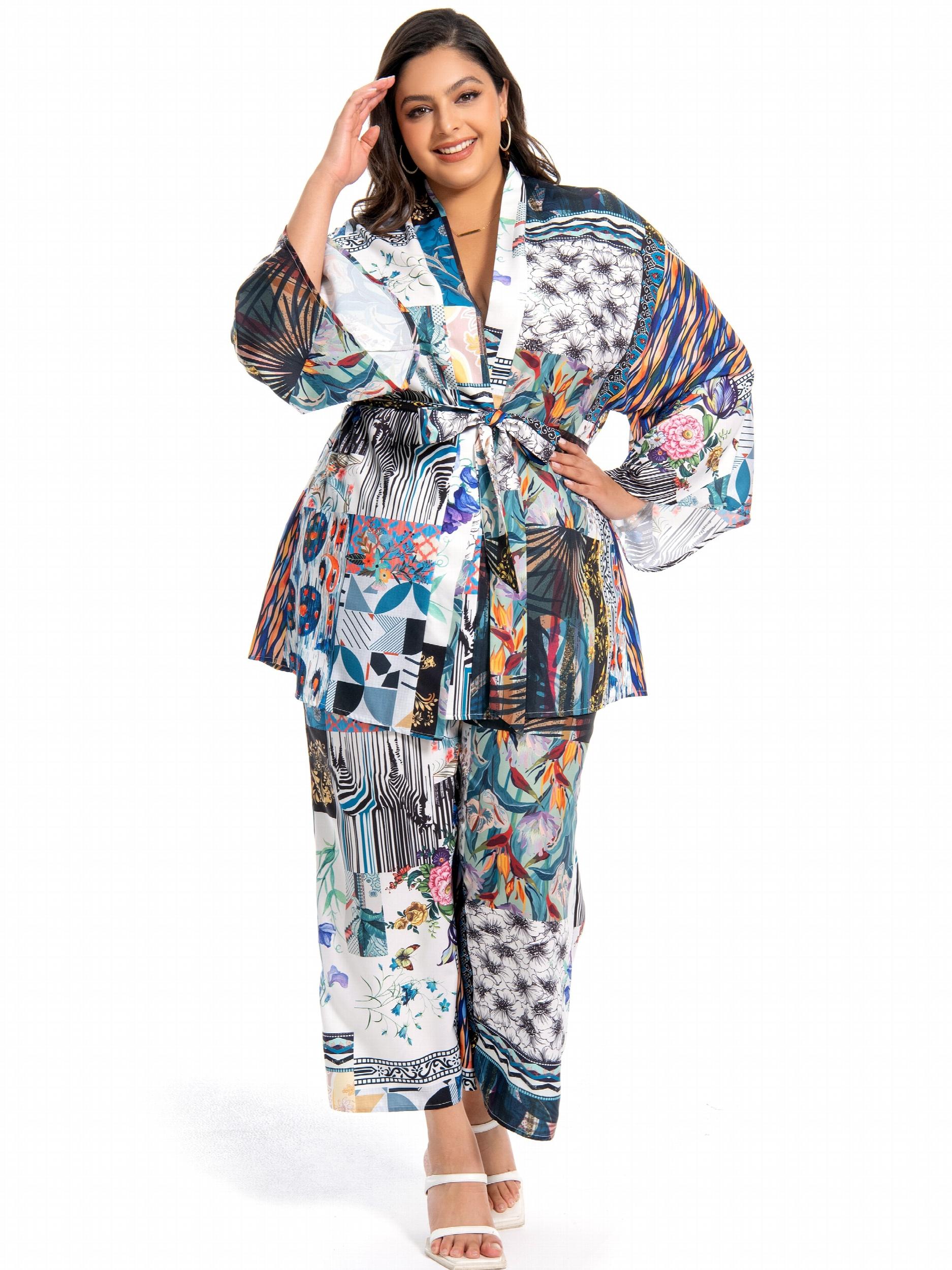  Boho Outfits Set Women's Floral Geo Wrap Kimono Top & Pants