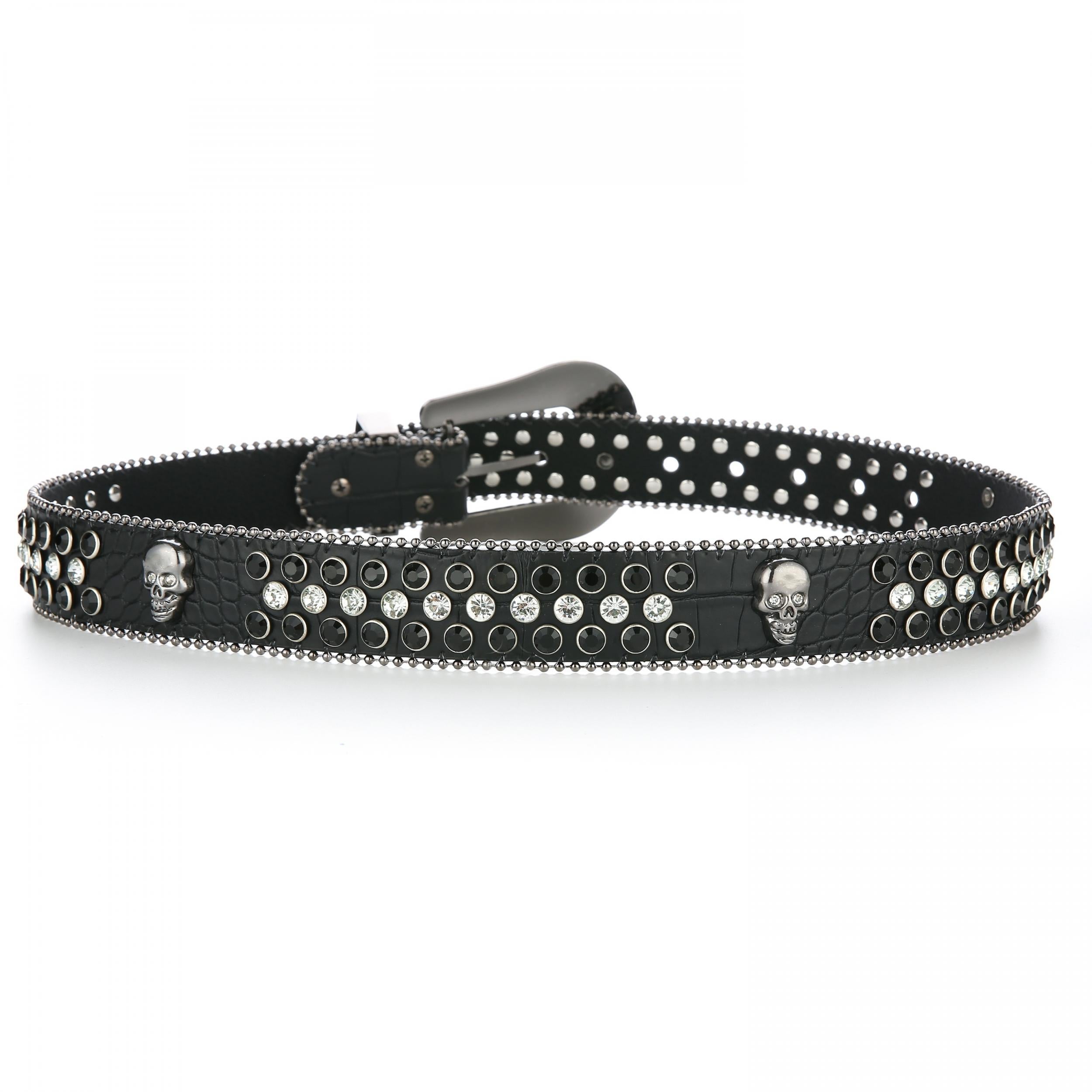 Y2K Rhinestone Skull Buckle Leopard Belt Hip Hop Cowboy Cowgirl PU Leather