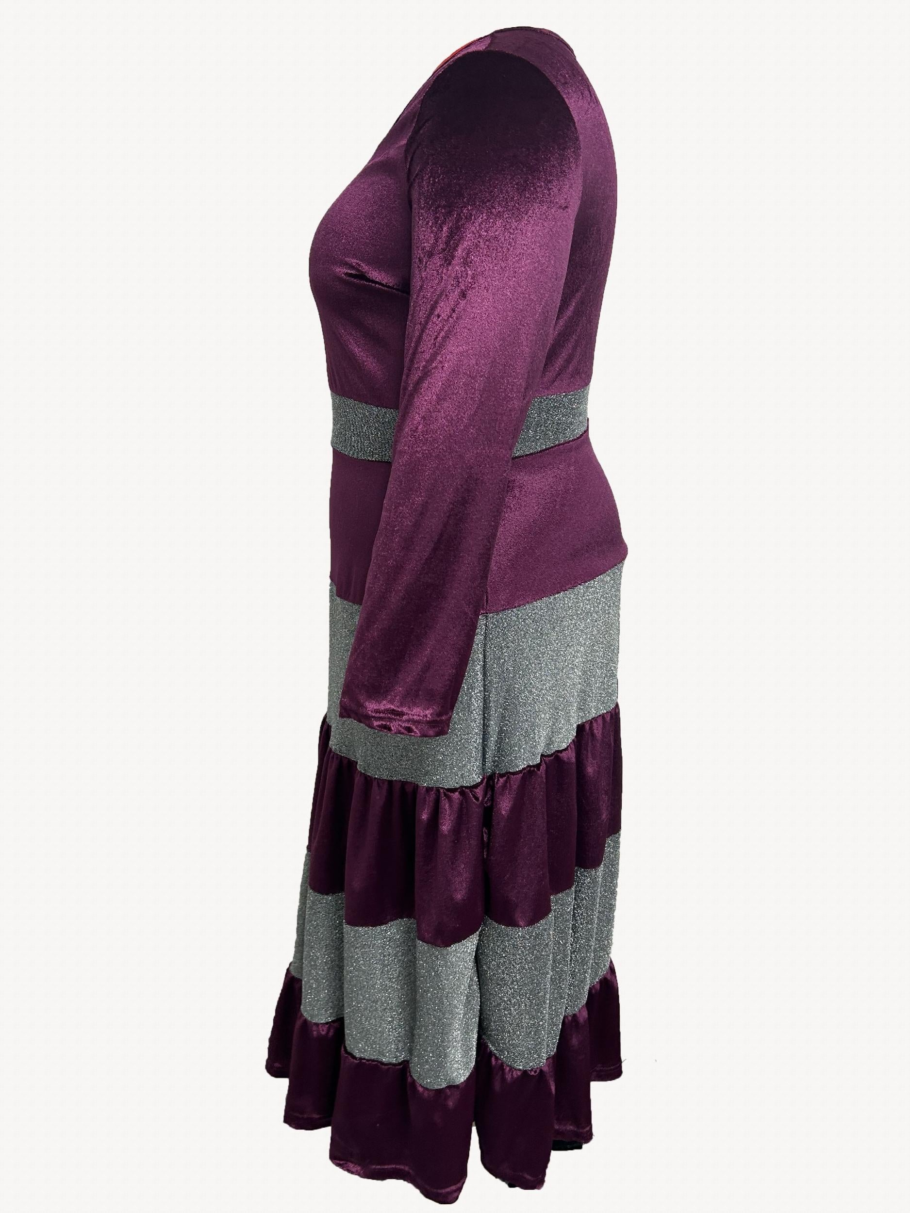  Glitter Colorblock V Neck Midi Dress