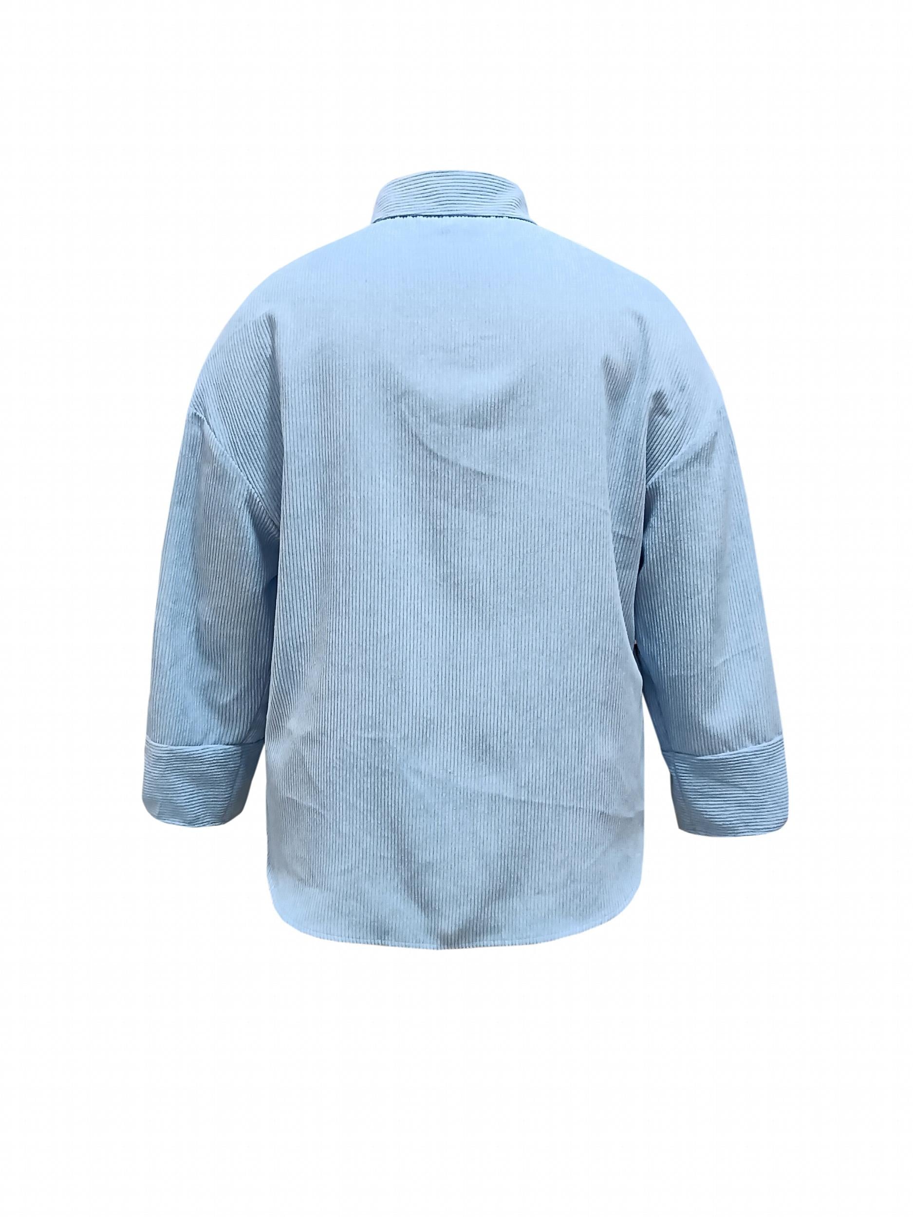  Corduroy Roll Up Sleeve Button Up Collar Top