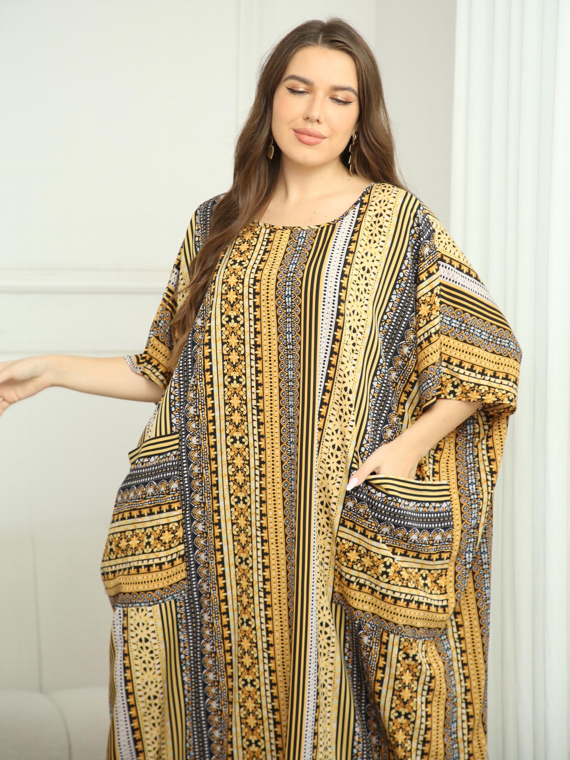  Patchwork Print Batwing Sleeve Loose Fit Maxi Jalabiya Dress