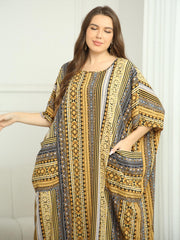  Patchwork Print Batwing Sleeve Loose Fit Maxi Jalabiya Dress