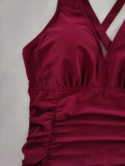  Solid V Neck One Piece Bathing Suit
