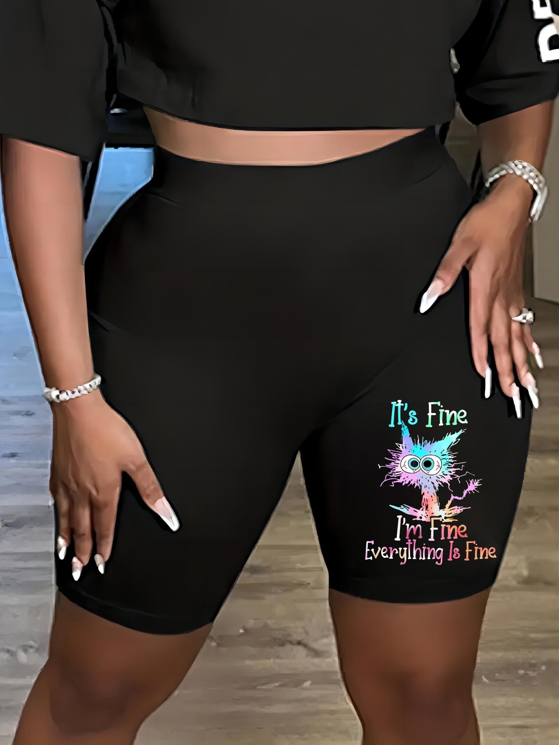  Cartoon Cat Print High Rise Skinny Shorts