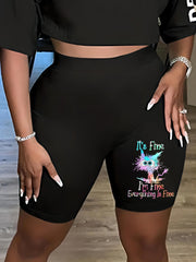  Cartoon Cat Print High Rise Skinny Shorts