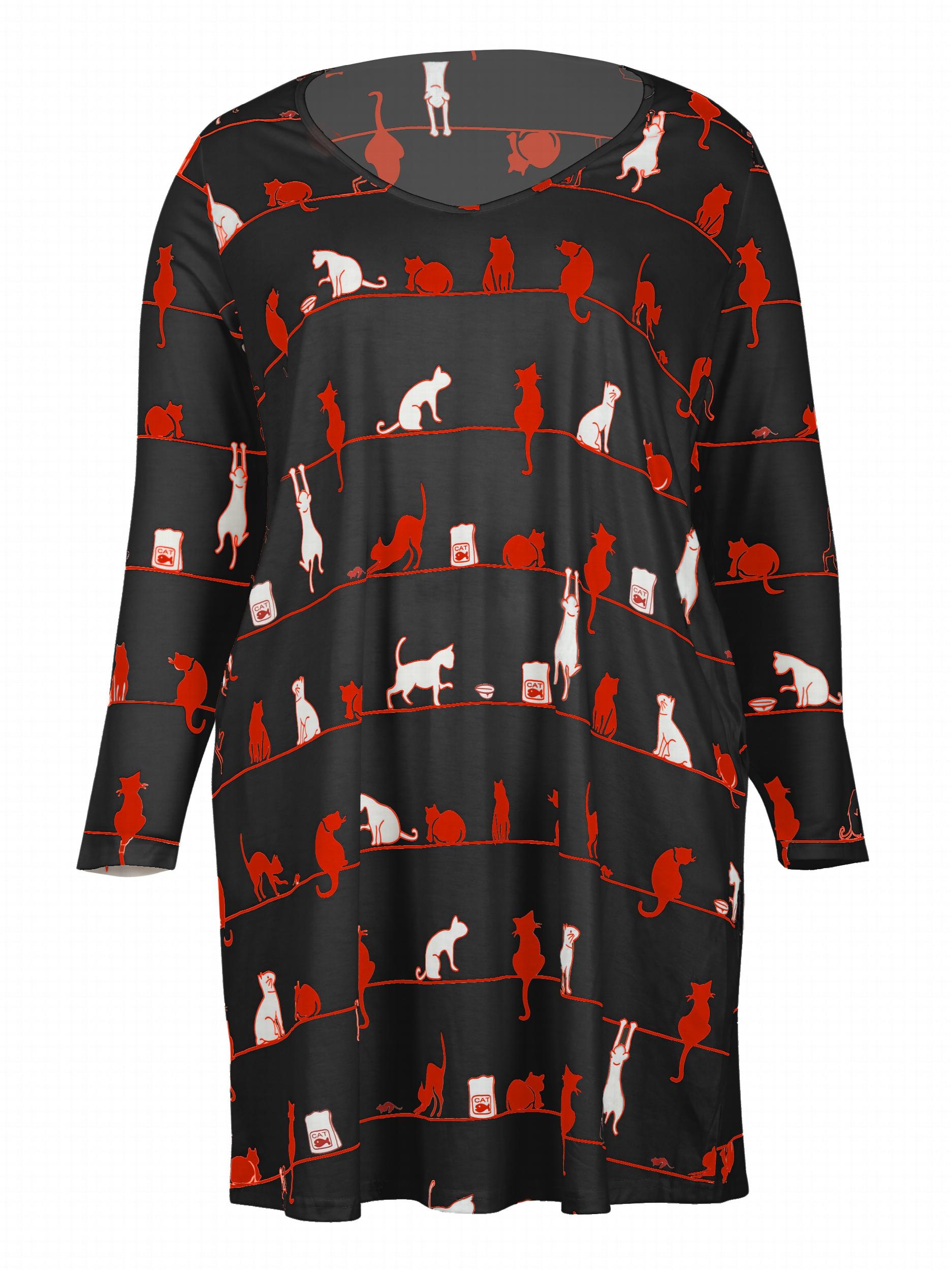  Women's Cat Print Tee Dress with Pockets