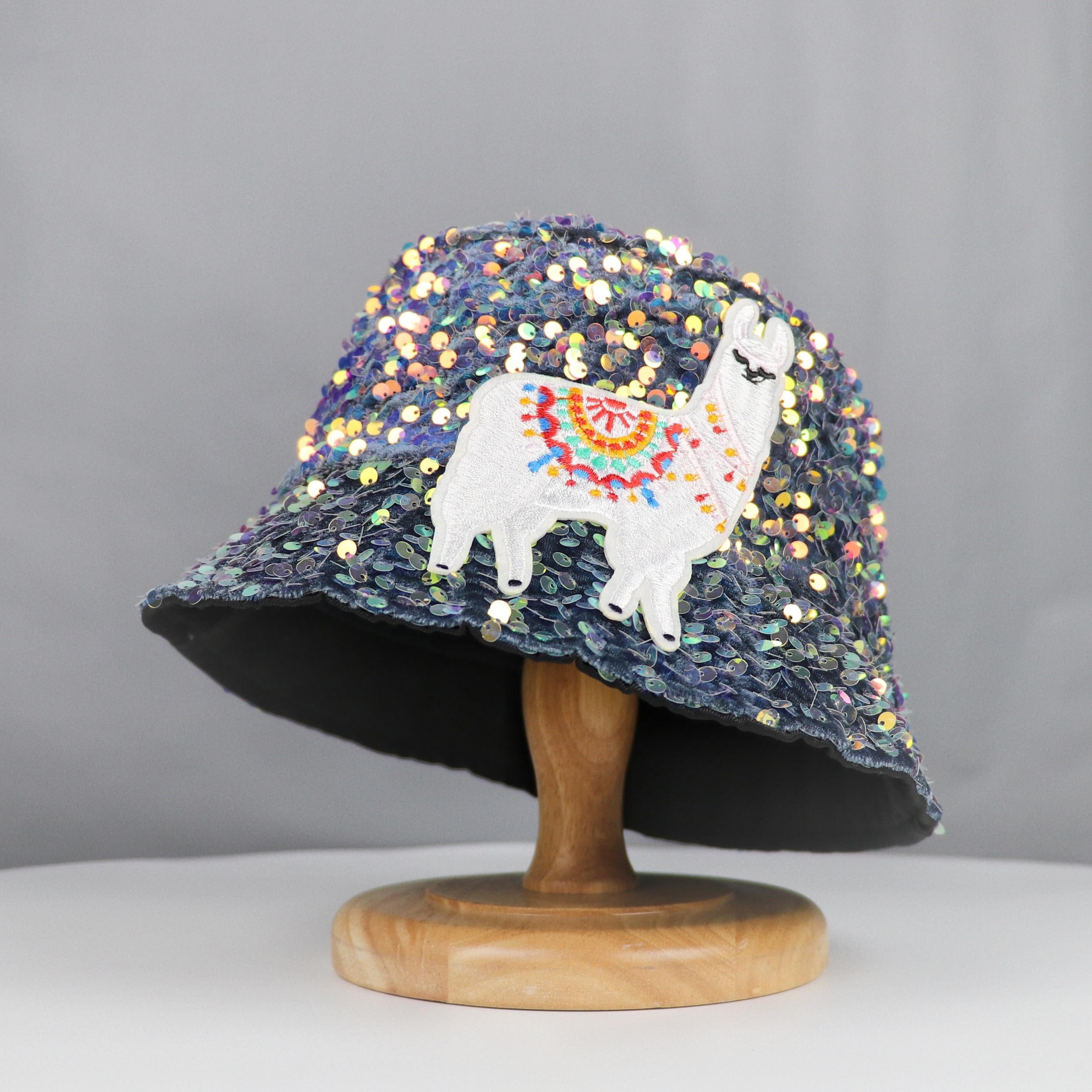 Alpaca Embroidery Sequin Bucket Hat Glitter Fisherman Cap