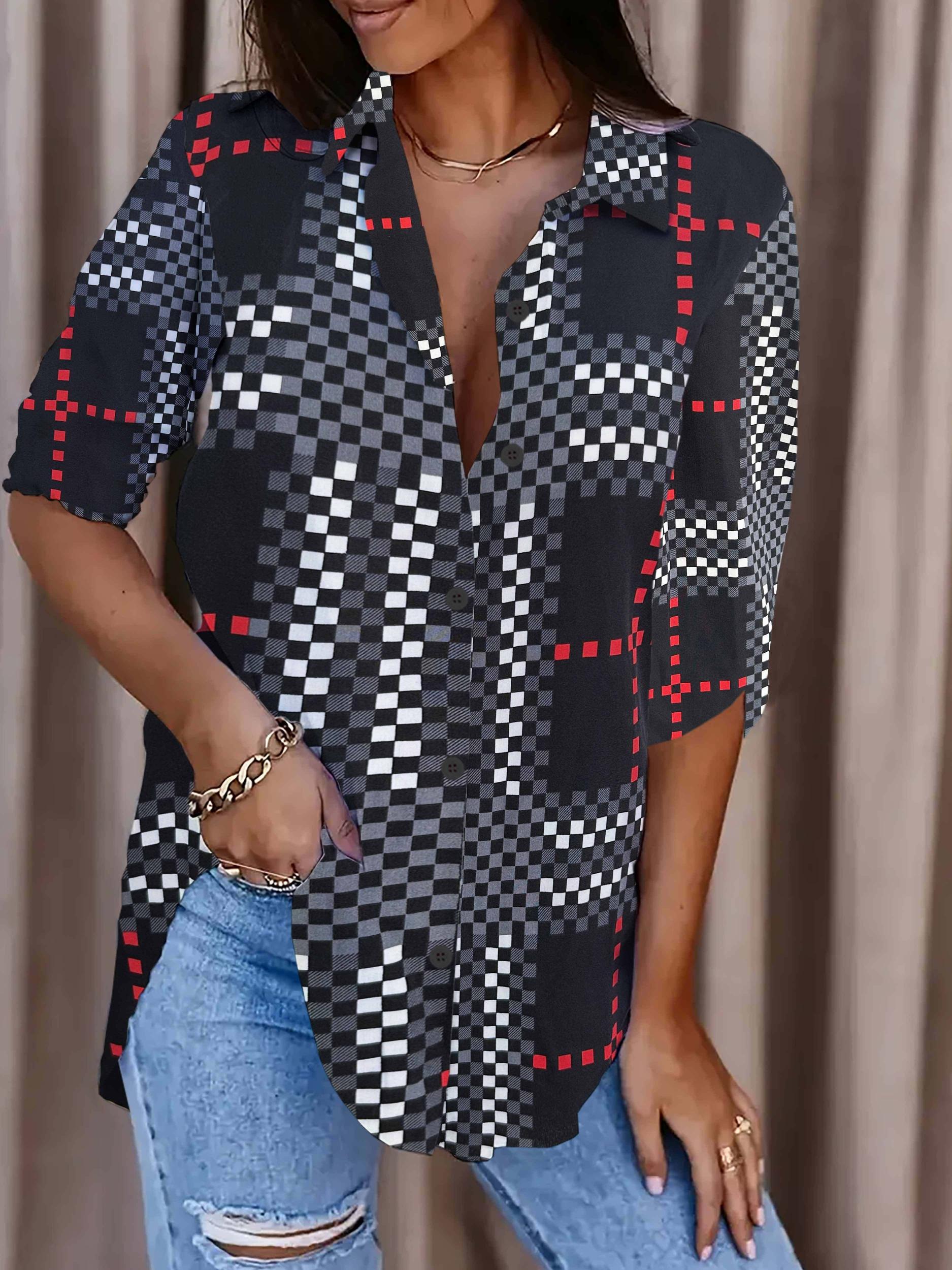  Geometric Print Long Sleeve Button Up Shirt