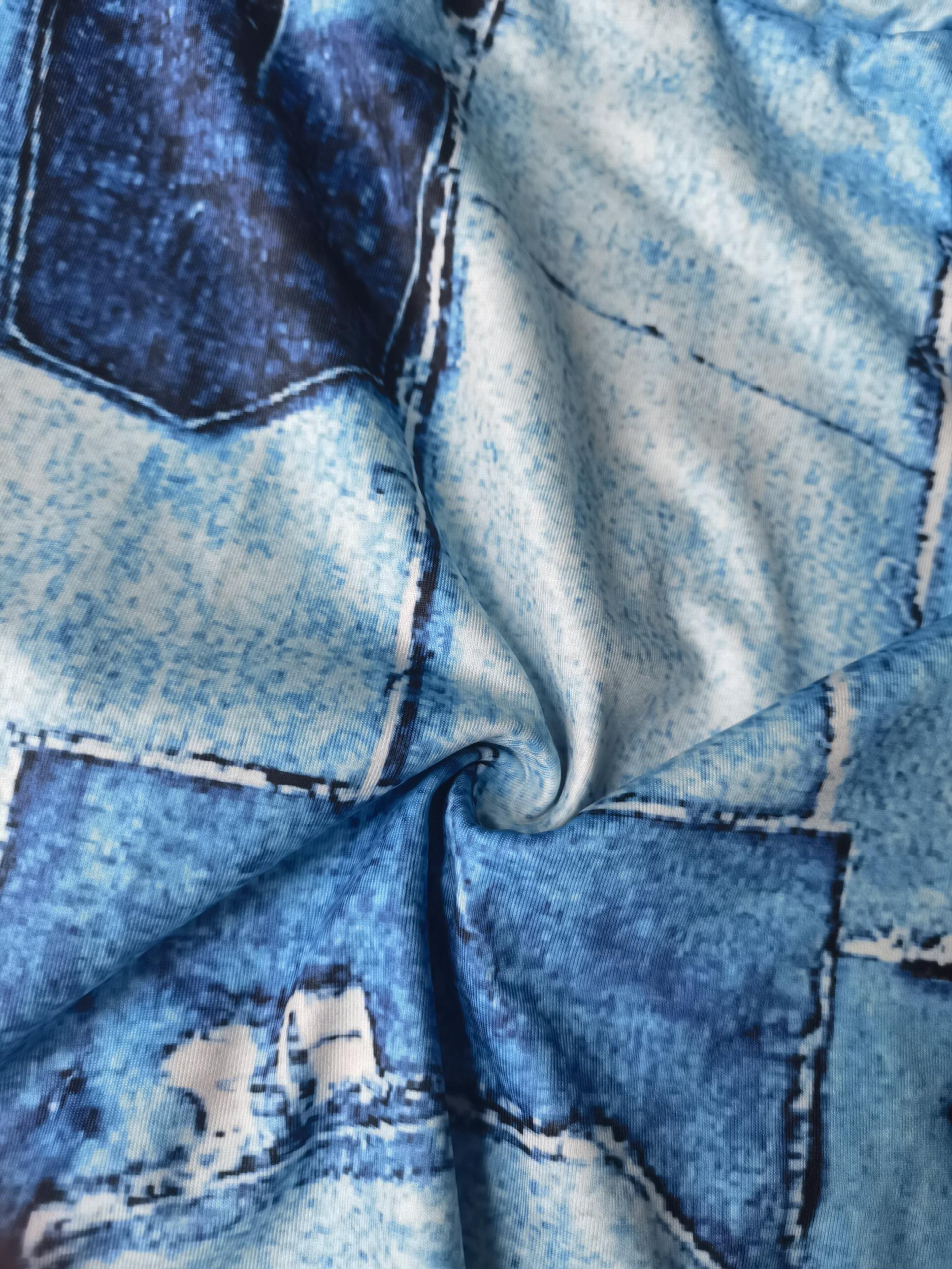  Denim Print Short Sleeve Maxi Dress