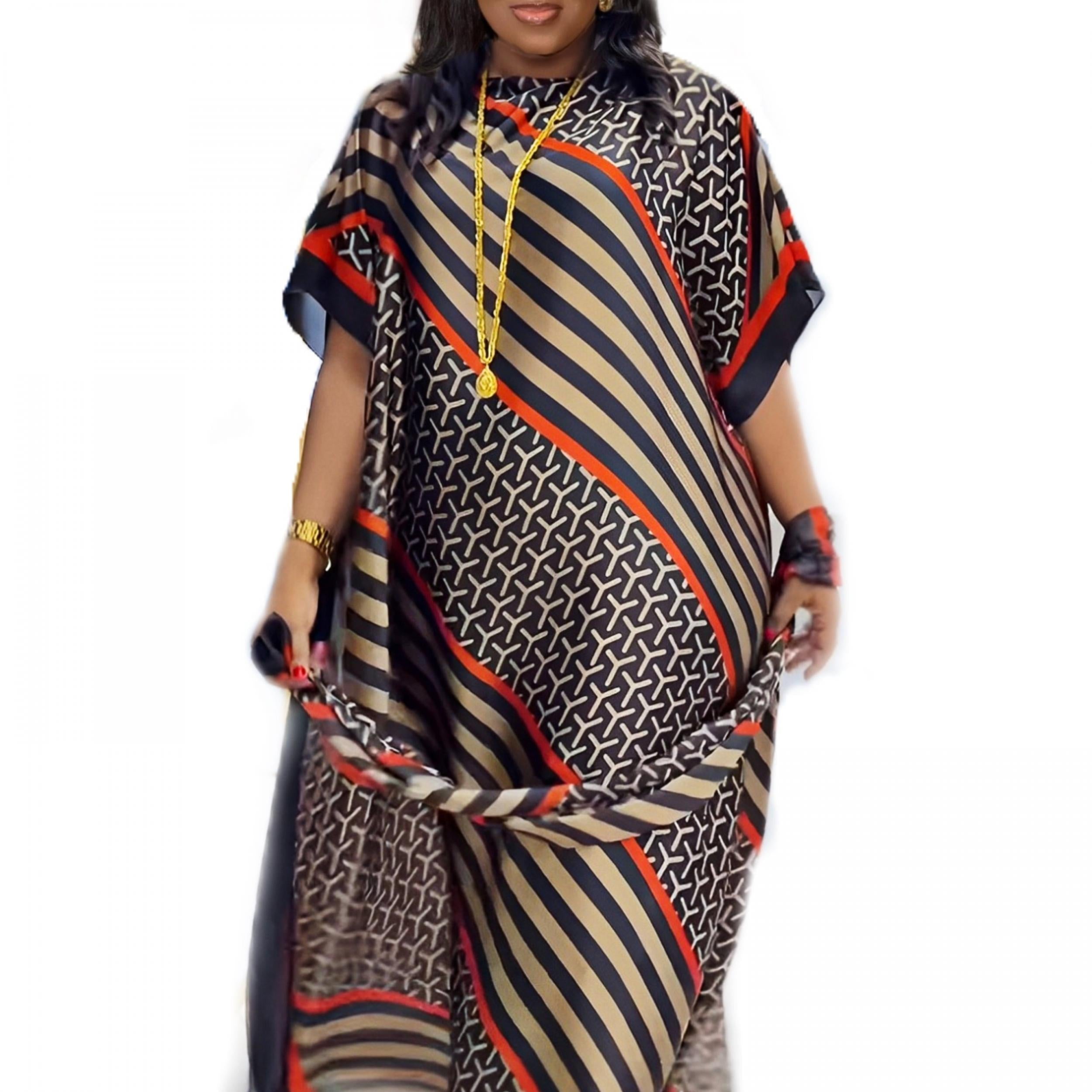  Colorblock Stripe Geometric Print Batwing Kaftan Dress