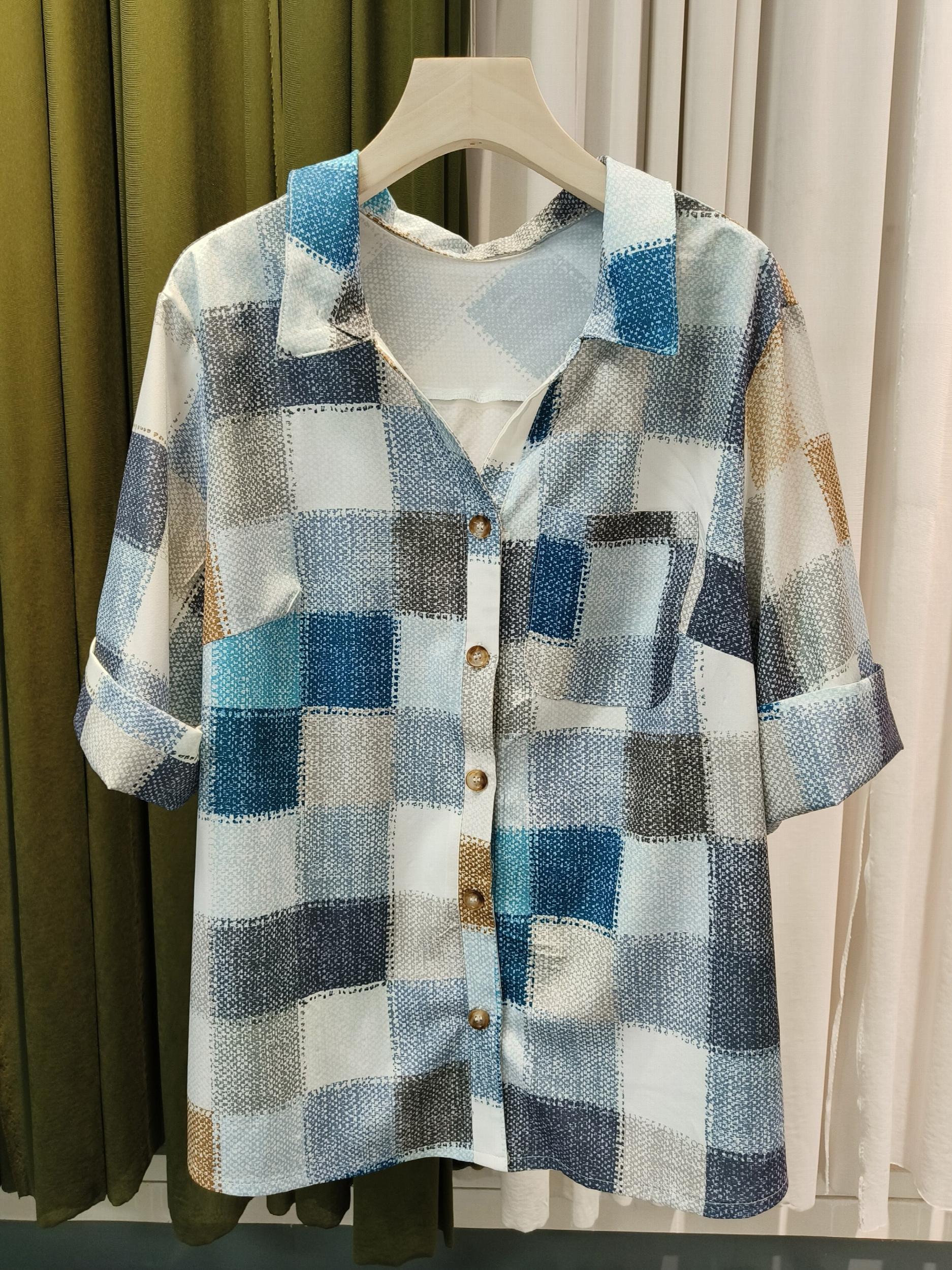  Colorblock Denim Print Button Up Blouse