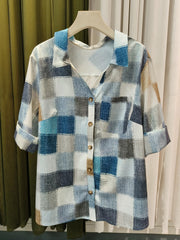  Colorblock Denim Print Button Up Blouse