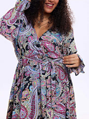  Boho Dress Paisley Print Lantern Sleeve Maxi Dress