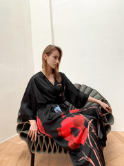  Satin Floral Print Robe, 3/4 Sleeve Loungewear