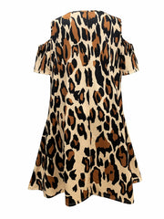  Leopard Print Lace V Neck Cold Shoulder Midi Dress