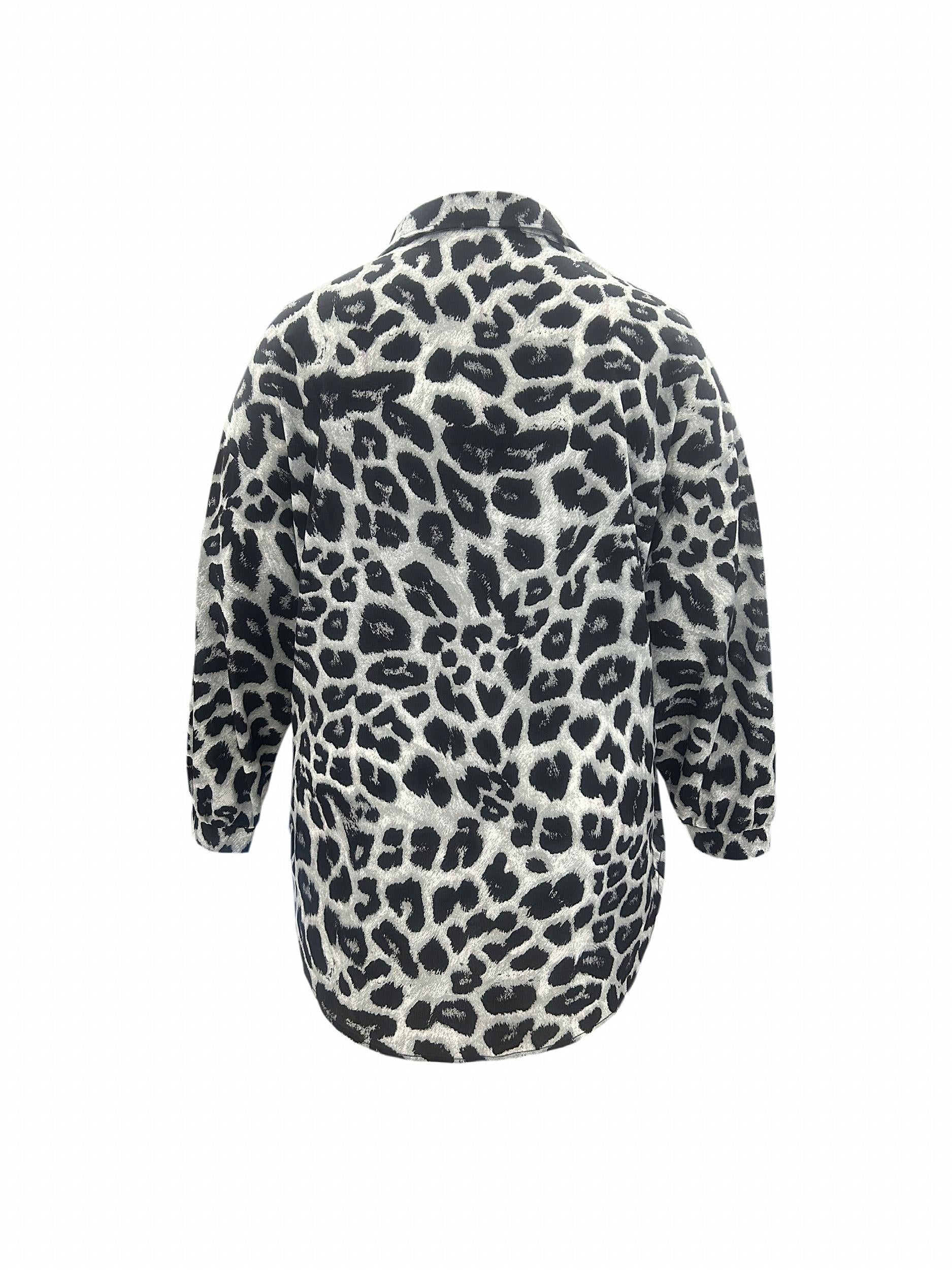  Leopard Print Long Sleeve Button Up Blouse