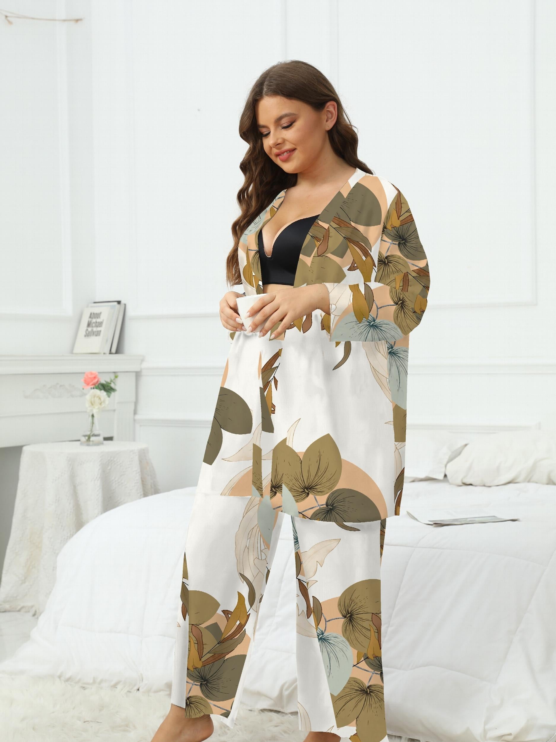  Floral Long Sleeve Robe & Pants Set