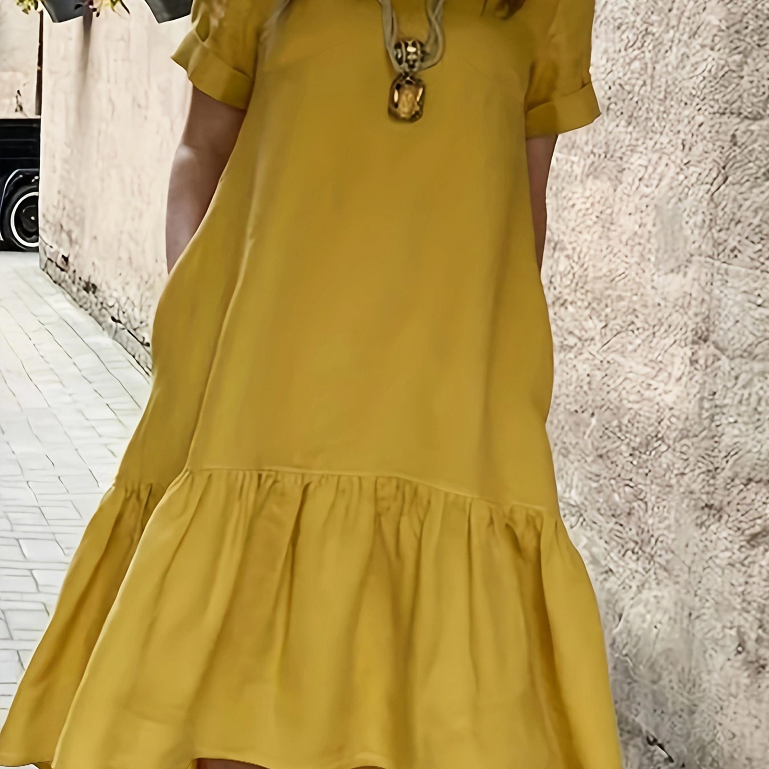  Solid Round Neck Smock Dress With Pockets