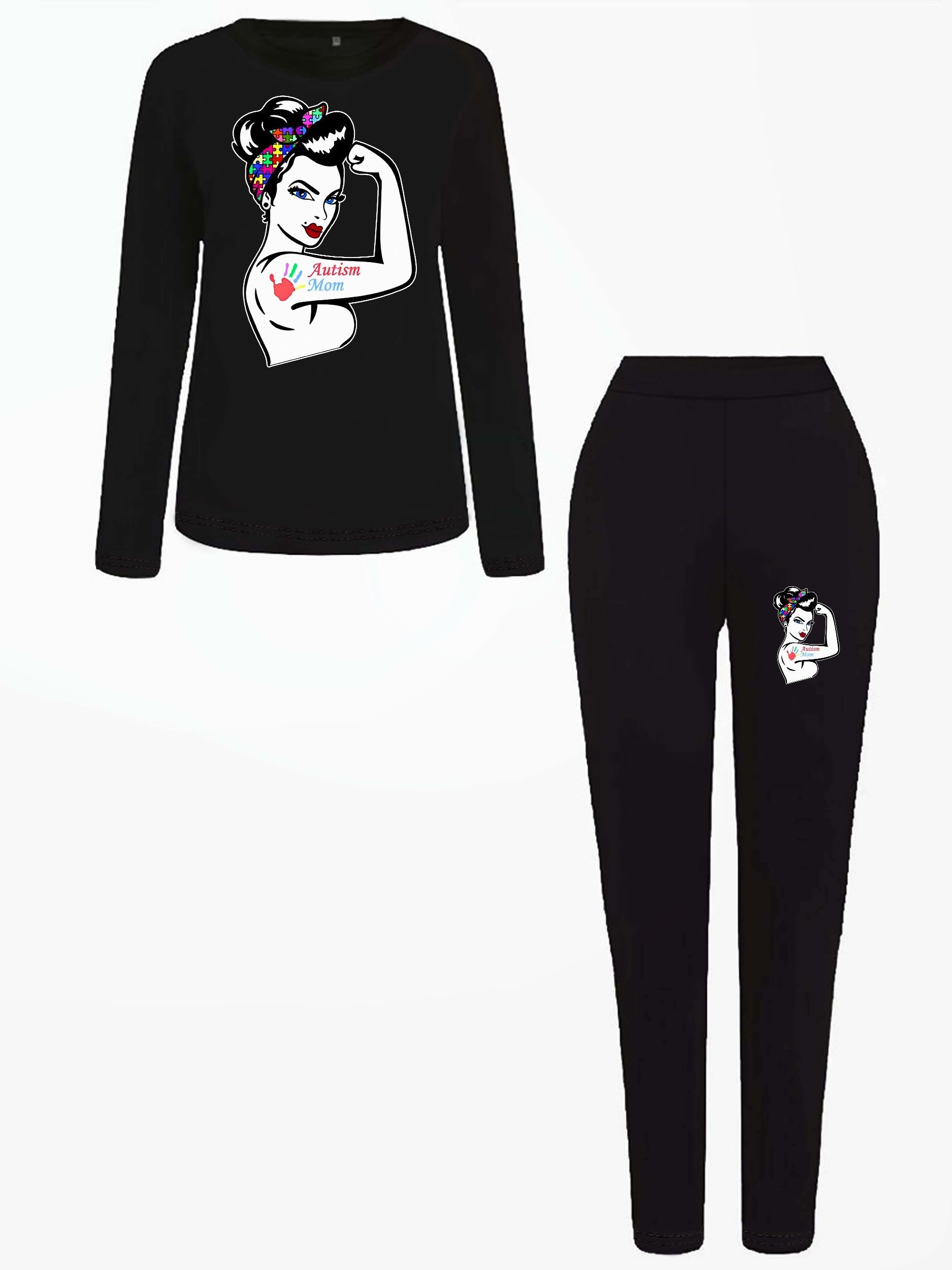  Figure & Letter Print Top & Leggings Set