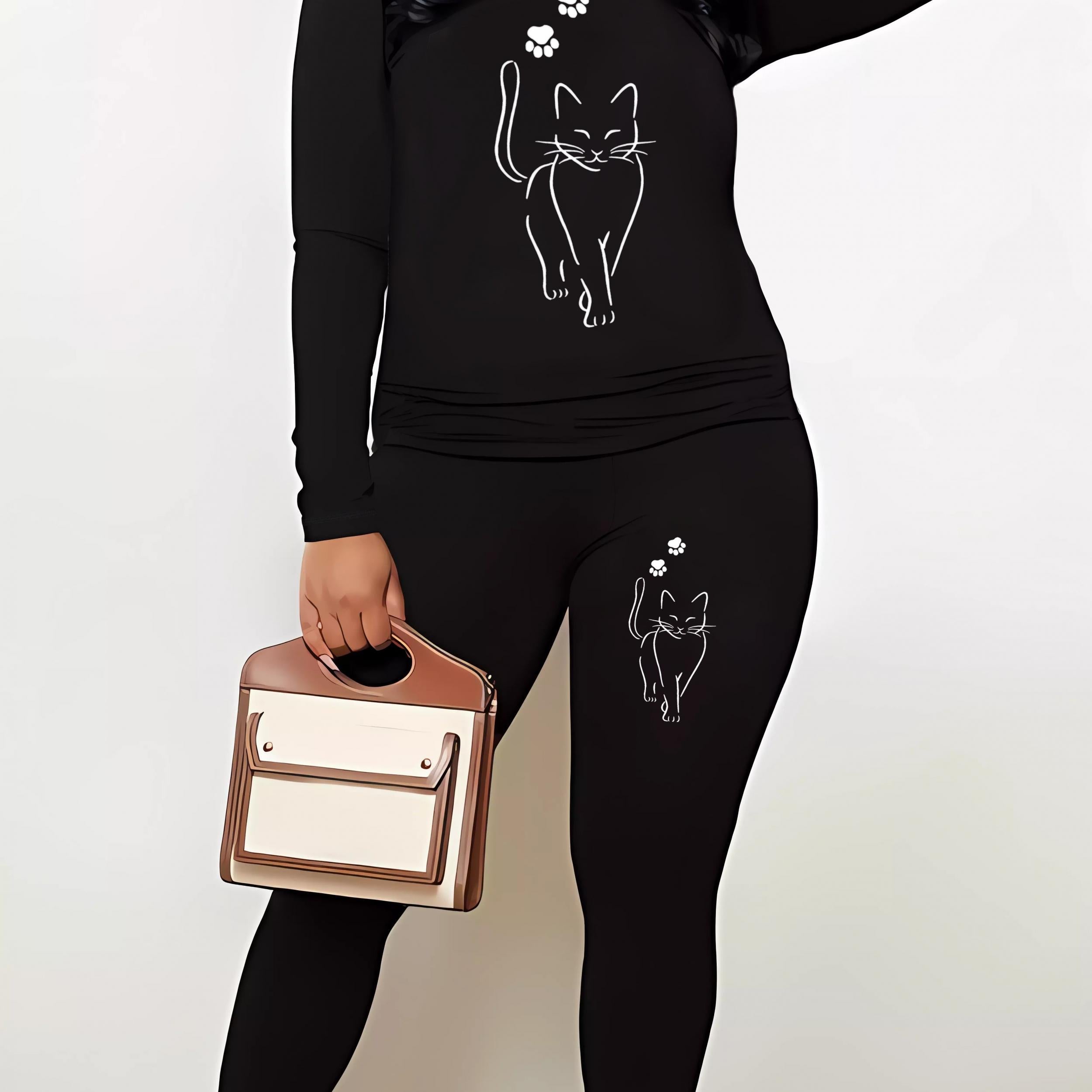Women's Plus Cat Print 2 Piece Set