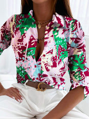  Tree Print Long Sleeve Collar Blouse