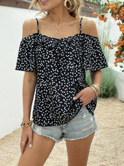 Ditsy Hearts Print Spaghetti Strap Blouse Off Shoulder Casual Top