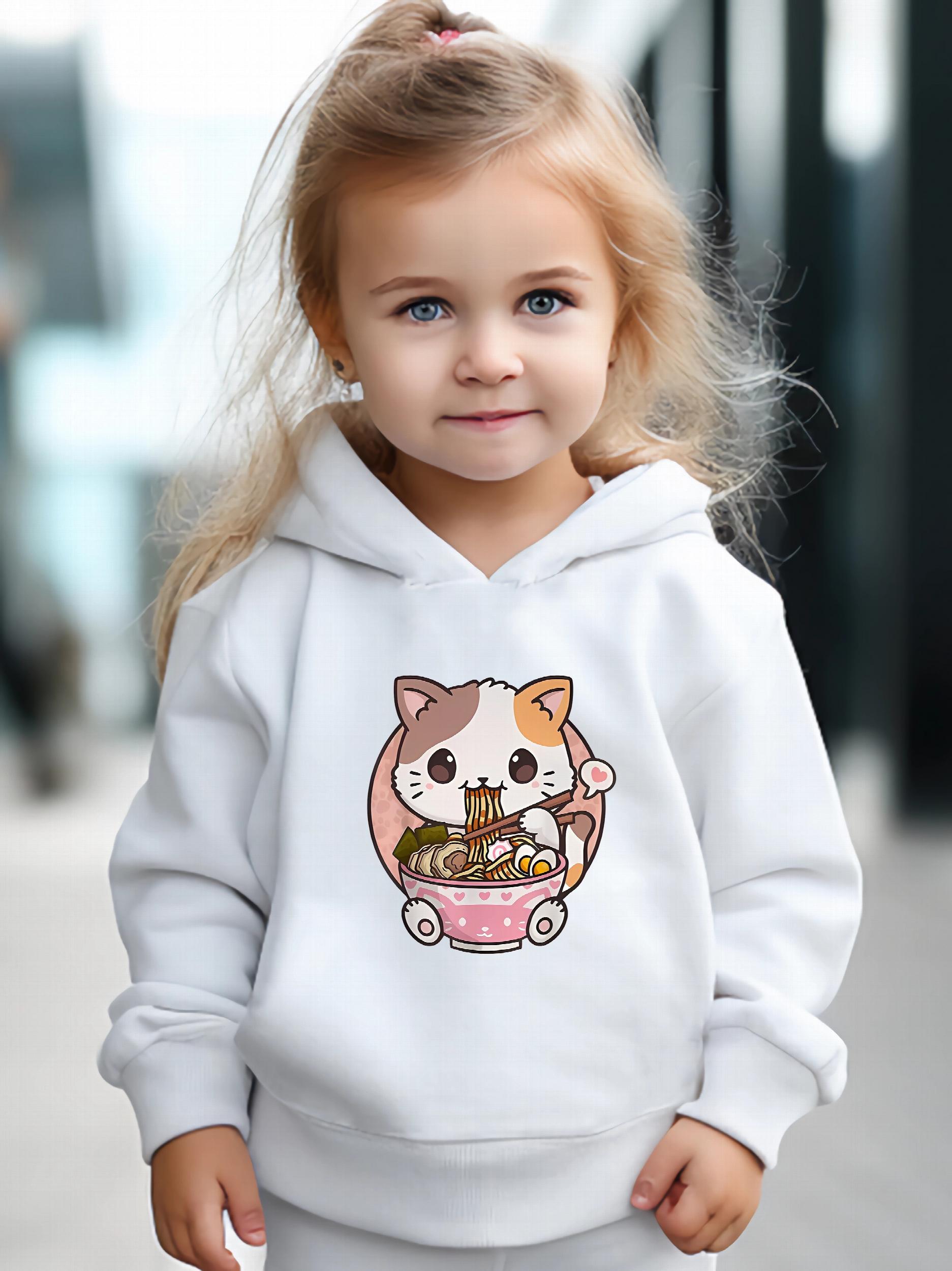 Cartoon Cat & Ramen Print Hoodie & Pants Set - Girl's Sporty Clothes