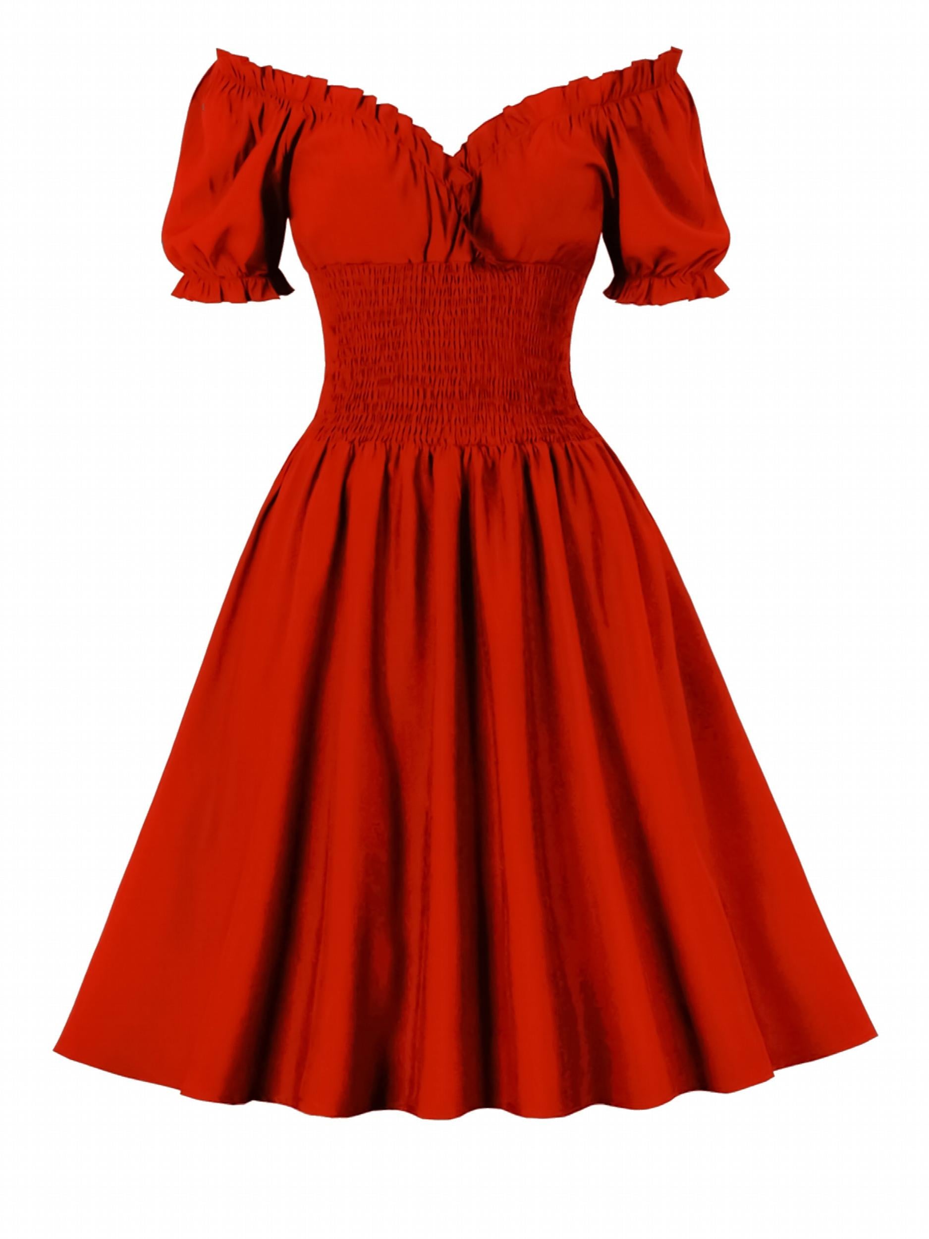  Retro Dress Off Shoulder Puff Sleeve V Neck Swing A line Dress