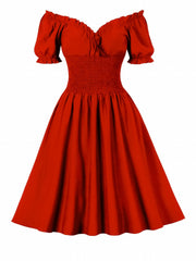  Retro Dress Off Shoulder Puff Sleeve V Neck Swing A line Dress