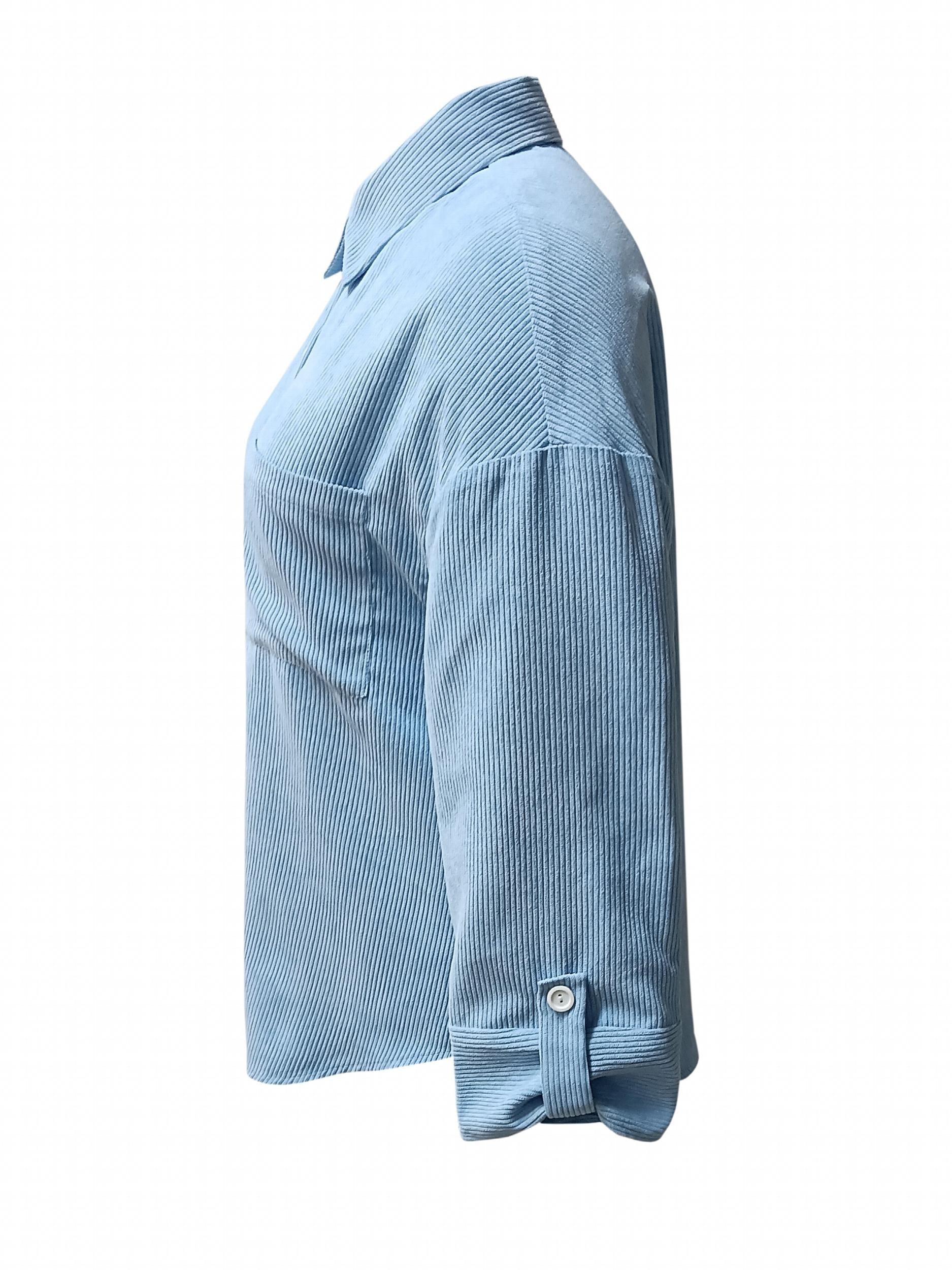  Corduroy Roll Up Sleeve Button Up Collar Top