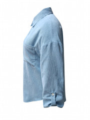  Corduroy Roll Up Sleeve Button Up Collar Top