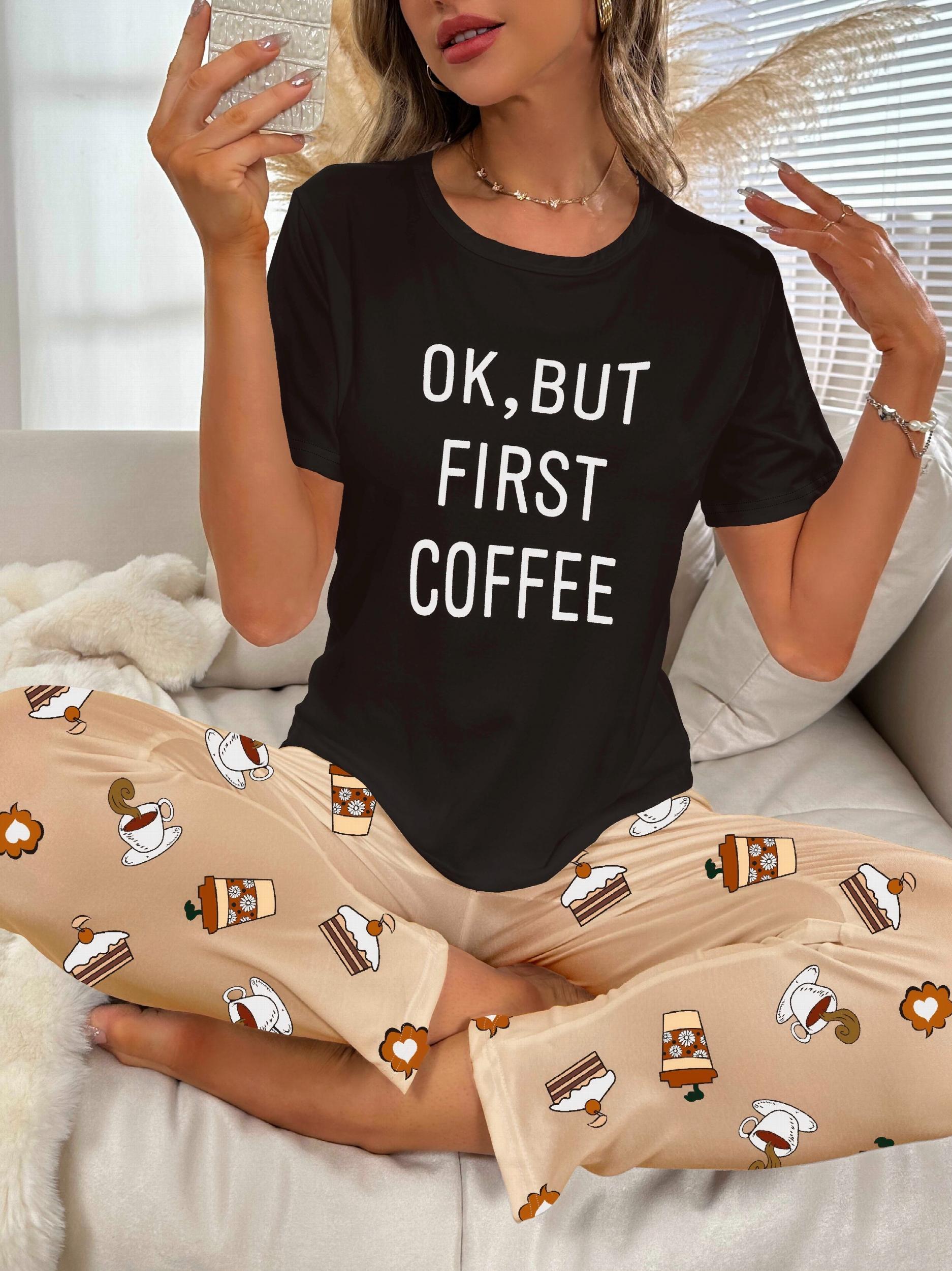 Letter Print Pajama Set Short Sleeve Top & Pants Sleepwear