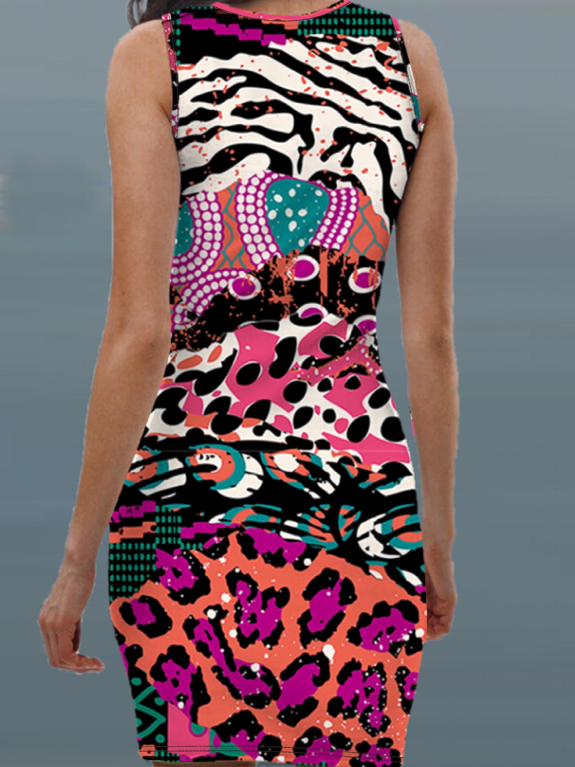  Casual Dress Women's Plus Print Round Neck Midi