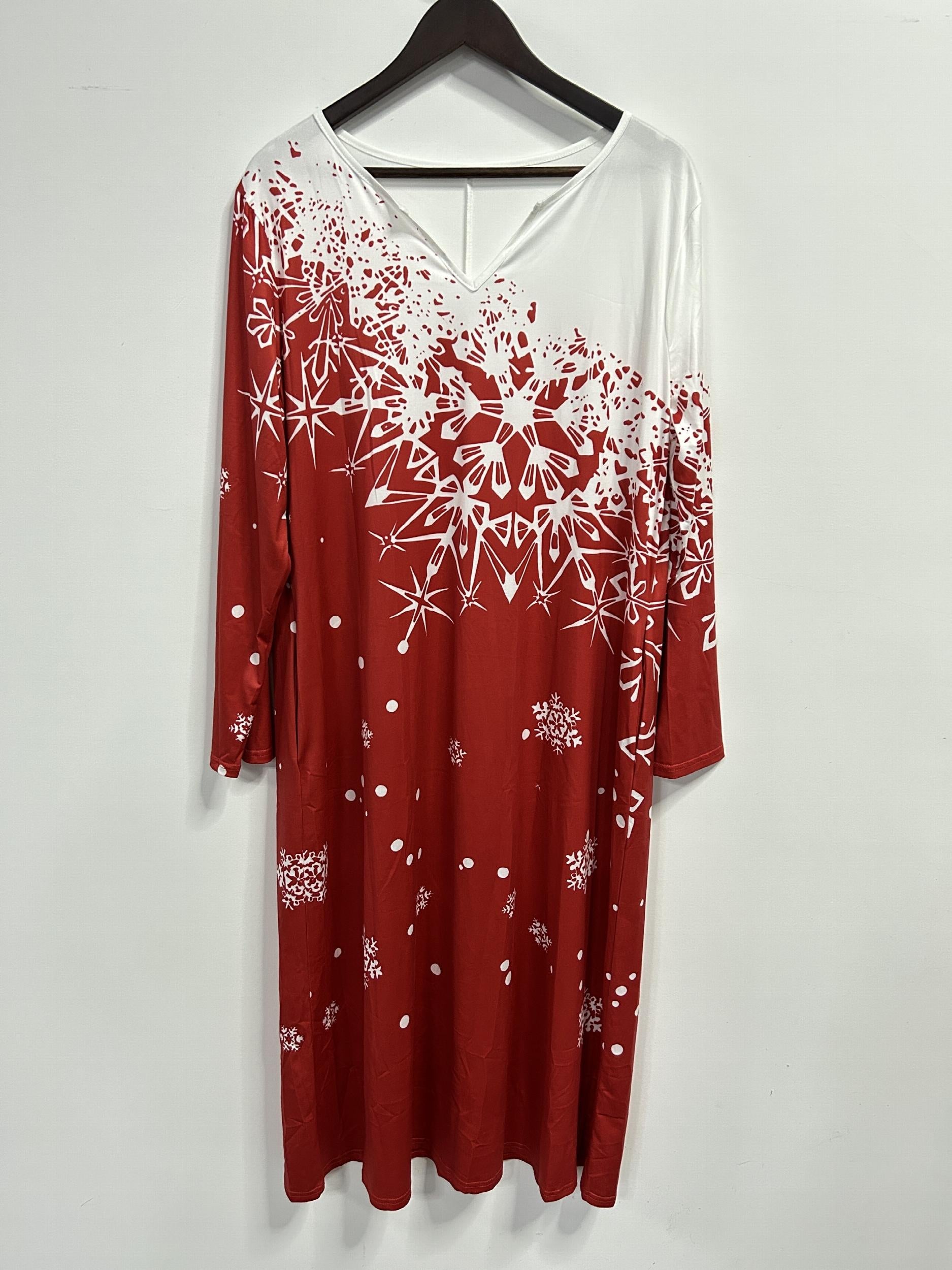  Christmas Casual Dress Women's Plus Snowflake Print Three Quarter Sl