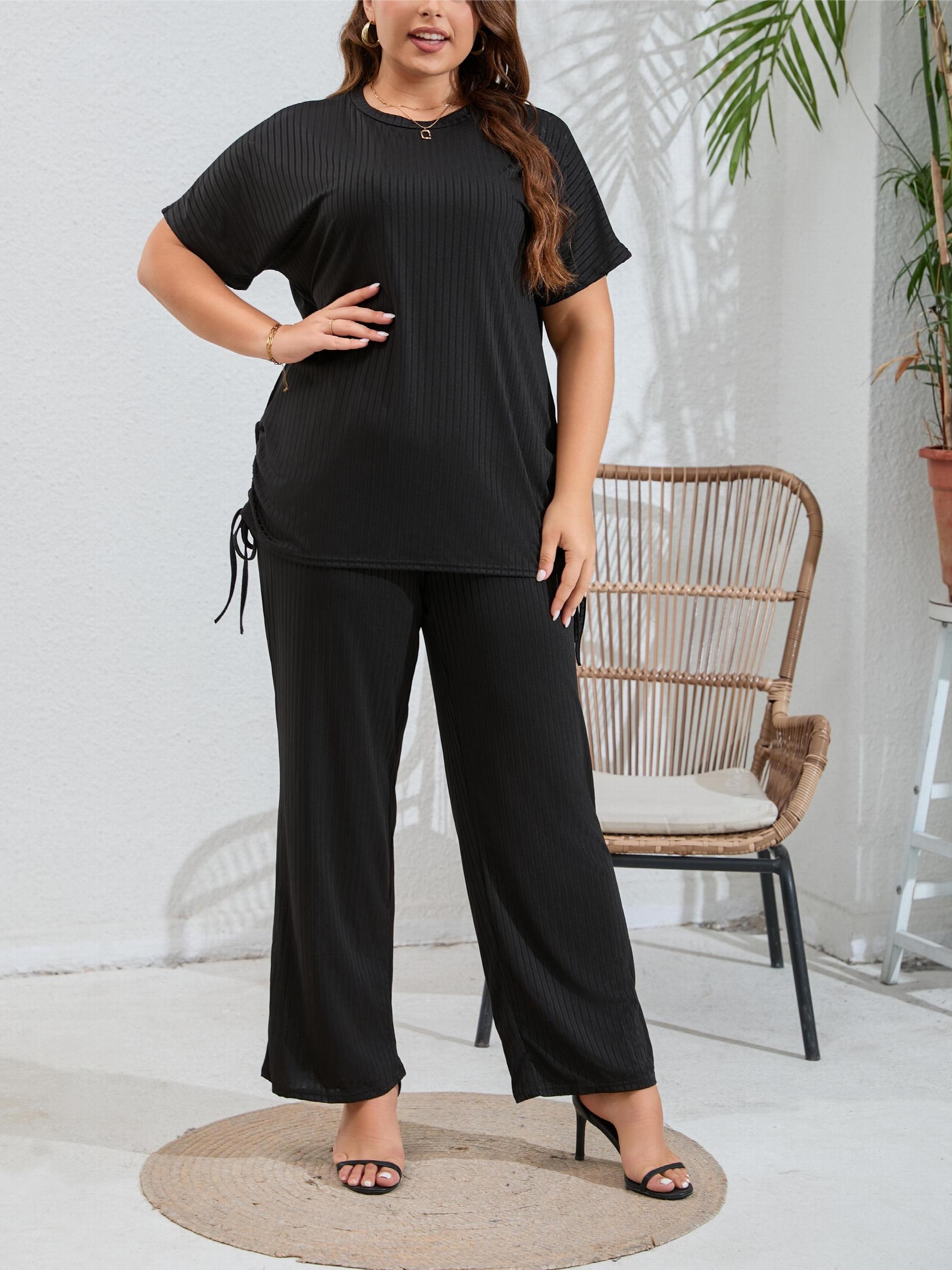  Ribbed Batwing Top & Wide Leg Pants Set
