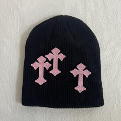 Gothic Cross Patch Knitted Beanie Solid Skull Hat Hip Hop Warm Knit Hat
