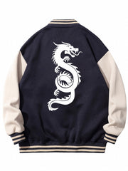 Dragon Print Casual Varsity Jacket Men's Lightweight Button Up Jacket