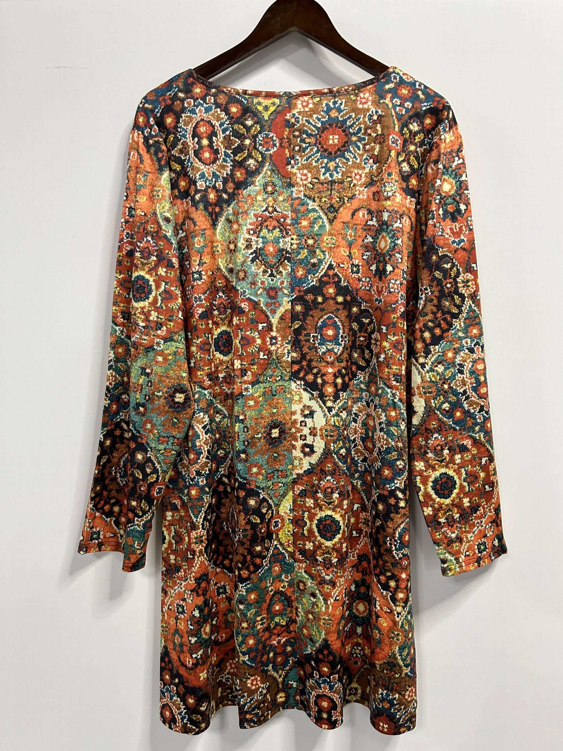  Floral Print Long Sleeve Round Neck Dress