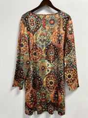  Floral Print Long Sleeve Round Neck Dress