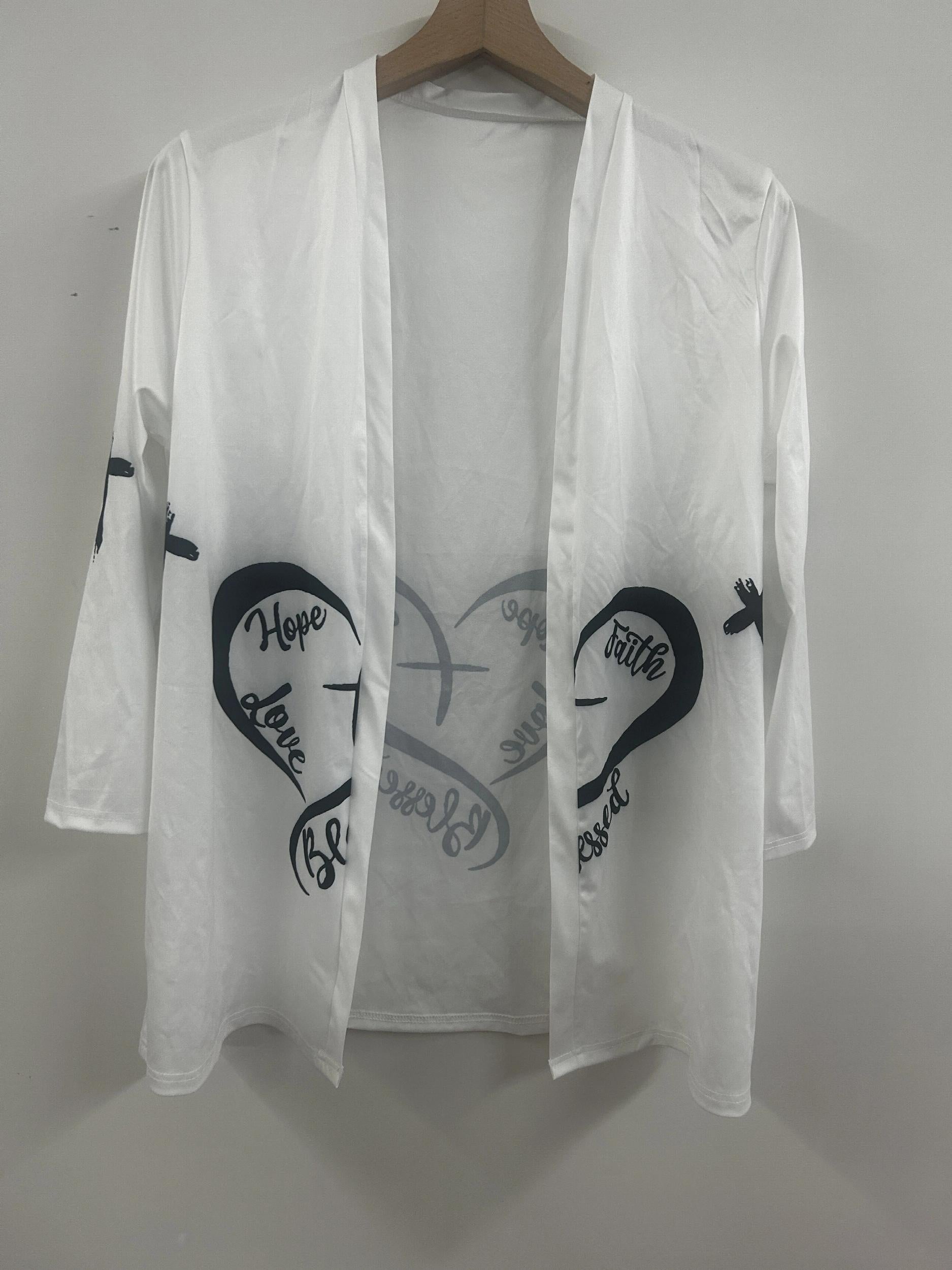  Women's Open Front Cardigan Heart & Letter Print Long Sleeve